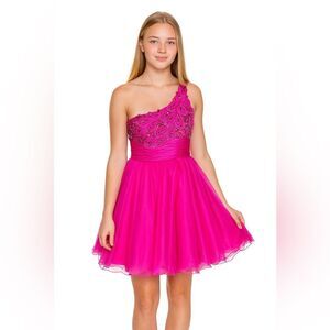 NWT Blush Prom by Alexia 9279 Hot Pink One-Shoulder Beaded Dress Sz 6